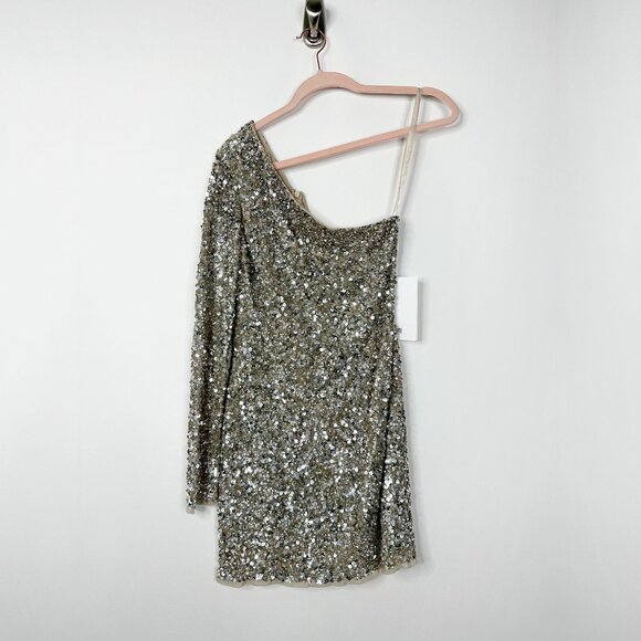 NWT Mac Duggal Sequin Long Sleeve One-Shoulder Mini Dress Platinum Gold 2 #A0303 - Picture 1 of 5